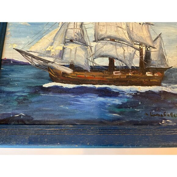 Gorgeous vintage original oil painting on board sailing ship 1962 Linda Slattery - Picture 8 of 13